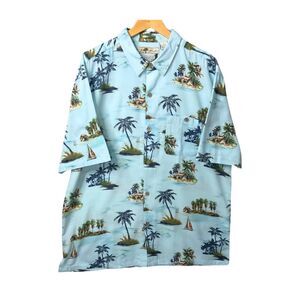 Mens XL Hawaiian Blue Camp Shirt Tropical Short Sleeve Button Up Beach Floral